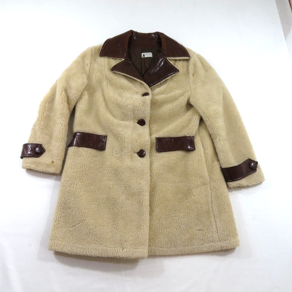 FingerHut Fashions Fleece Faux Leather Coat Long Jacket Sz 16 Beige Brown